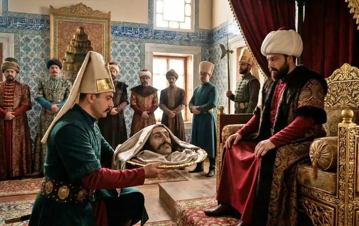Osmanlı sarayında bir taht odasında, yeniçeri kıyafetli görevlilerin Vlad Tepeş’in kesik başını altın bir tepside Fatih Sultan Mehmet’e sunduğu tarihî sahnenin canlandırması.